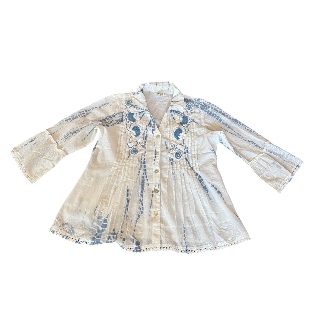 Parsley & Sage Womens Boho Tie Dye Embroidered Button Front Blouse White Blue M - Picture 2 of 12